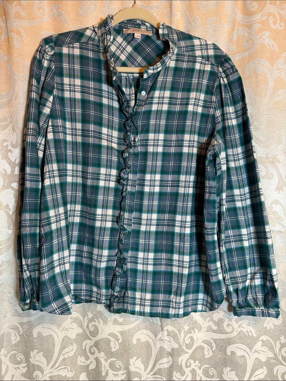 LOFT Green Blue and White Plaid Ruffle-Front Button-Down Flannel Blouse